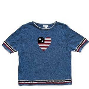 Americana Sweater Short Sleeve Red White Blue Heart Flag Patriotic USA Medium